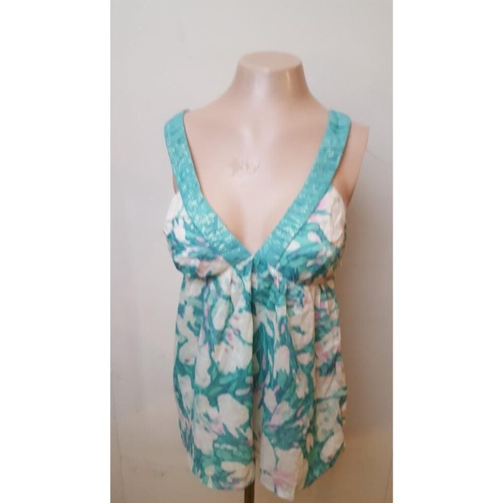 Rebecca Taylor Size 6 Womens Blue Floral Tank Top Open Back Beach Glass Cotton